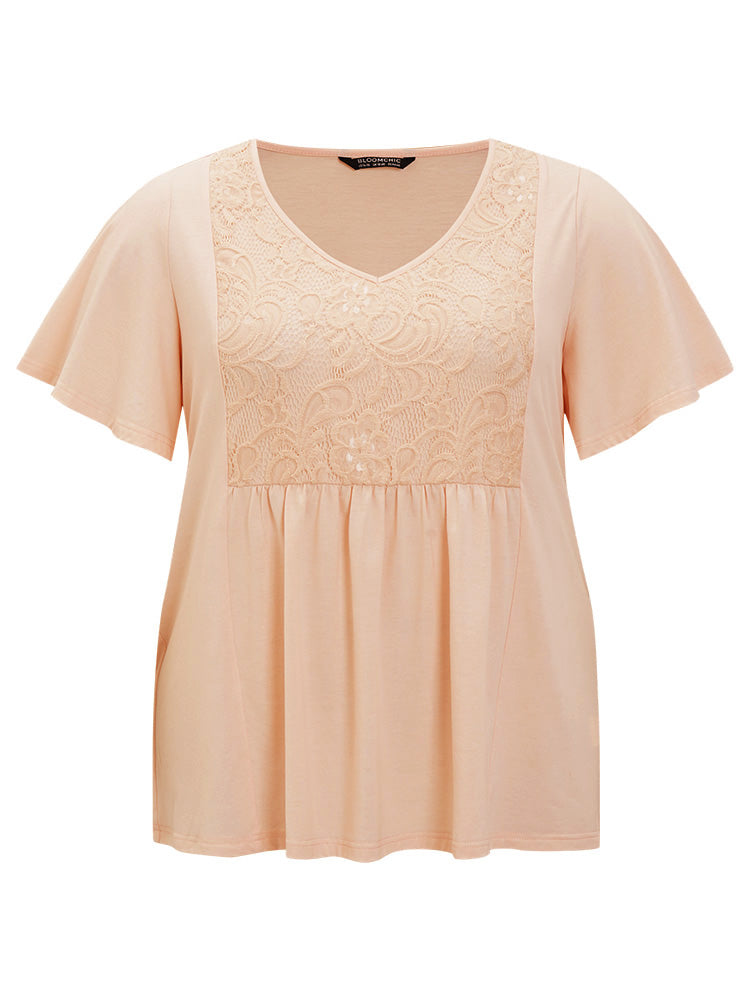 Plain Lace Ruffle Gathered T-Shirt