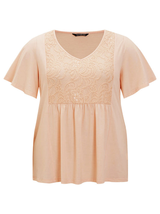 Plain Lace Ruffle Gathered T-Shirt