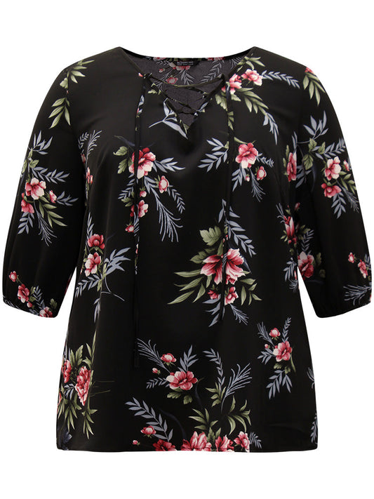 Floral Print Lace Up Lantern Sleeve Blouse