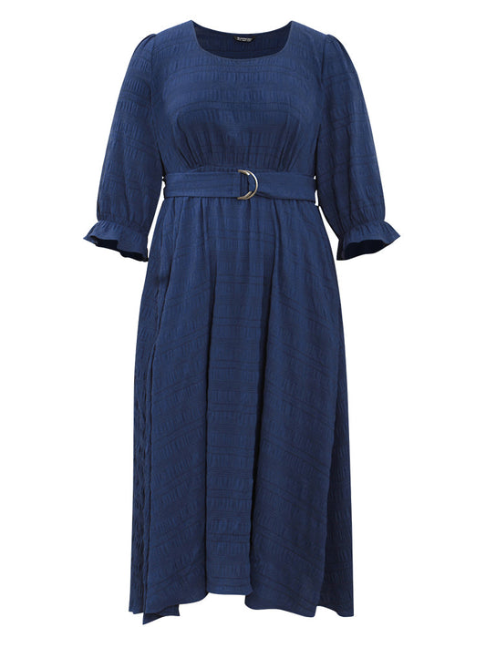 Plain Texture Belted Scoop Neck Jacquard Dress