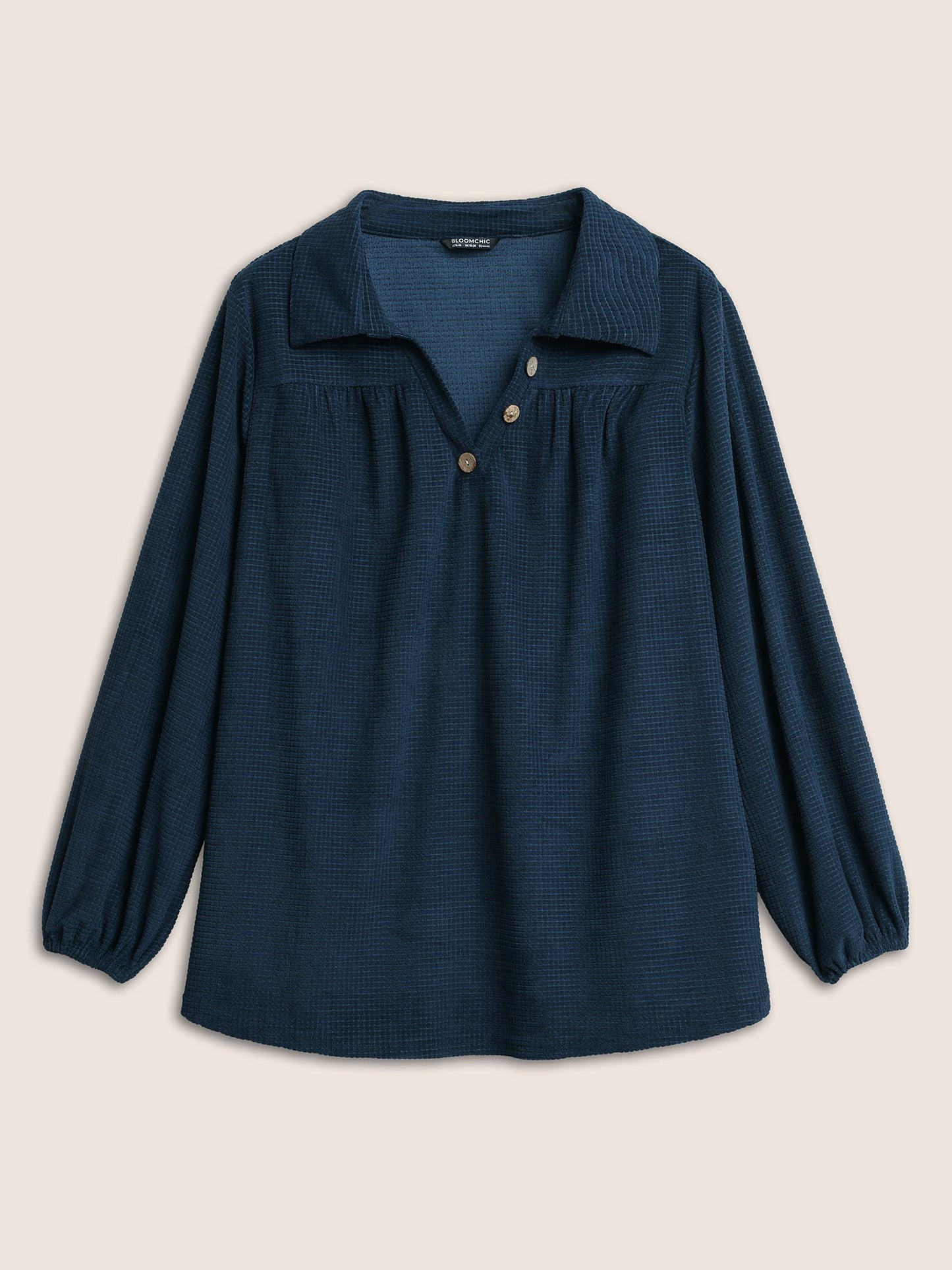 Plain Waffle Knit Gathered Button Detail T-shirt