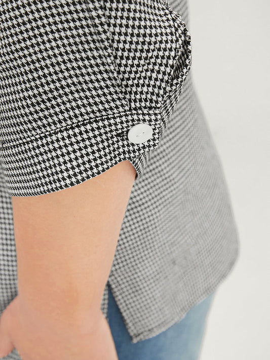 Houndstooth Print Notched Neck Button Up Blouse
