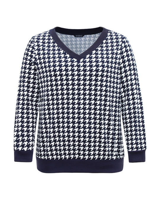 Houndstooth Contrast V Neck Sweatshirt