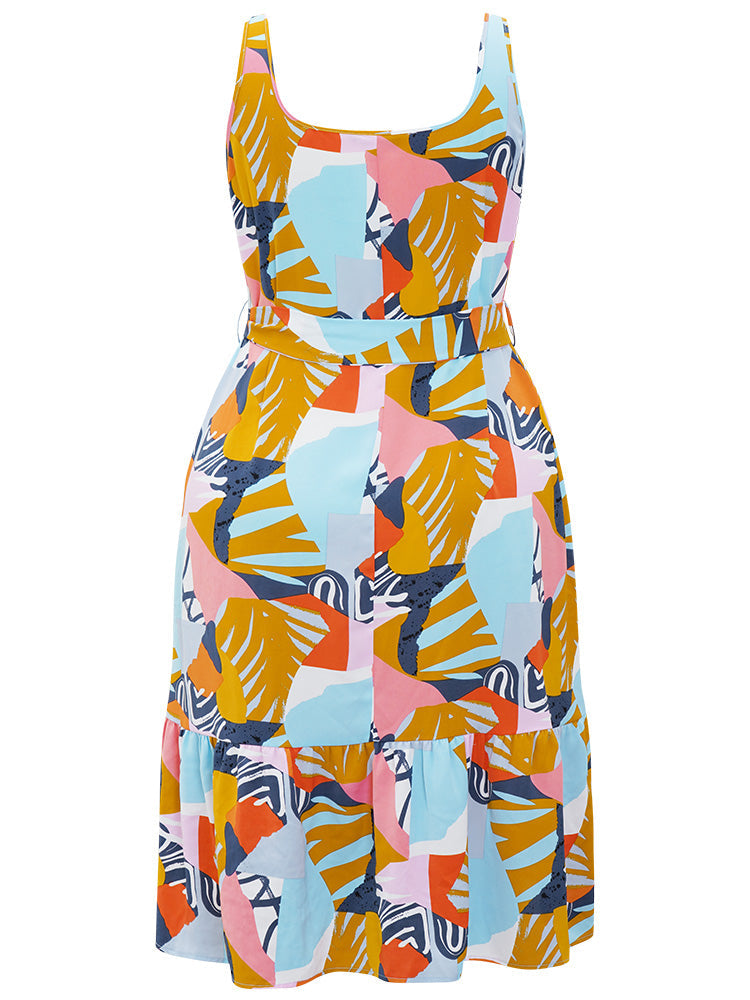 Graphic Print Ruffles Hem Pocket Belt Pleated Tank Dress