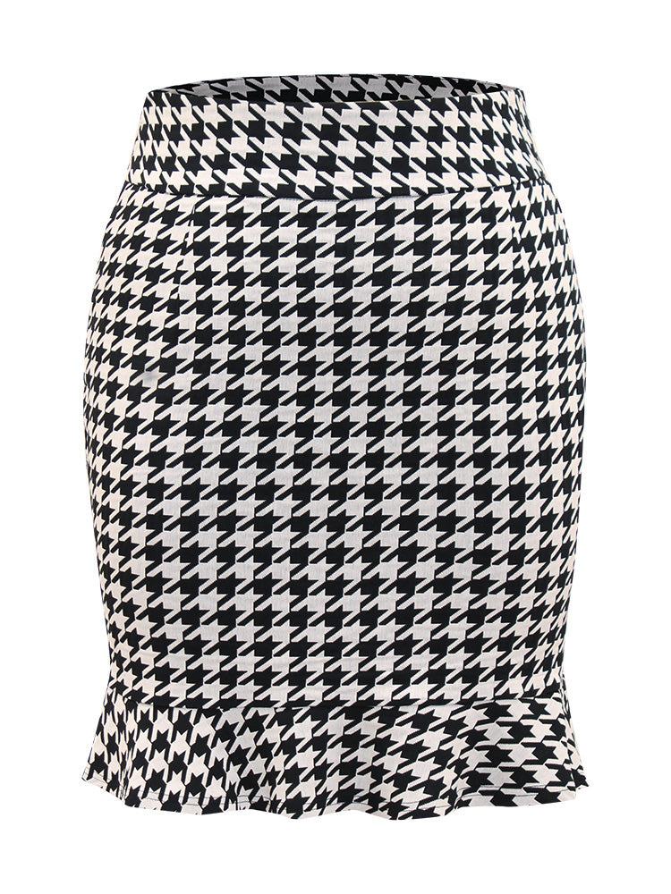 Houndstooth Ruffle Hem Bodycon Skirt