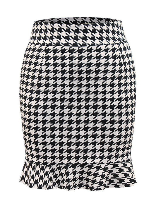 Houndstooth Ruffle Hem Bodycon Skirt