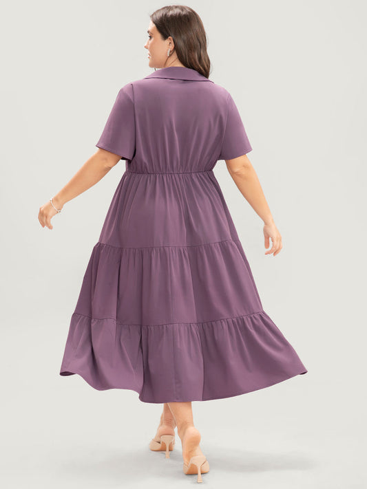 Solid Pocket Shirt Collar Button Up Flutter Tiered Dress