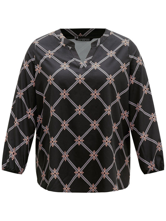 Plaid Notched Elastic Cuffs Blouse