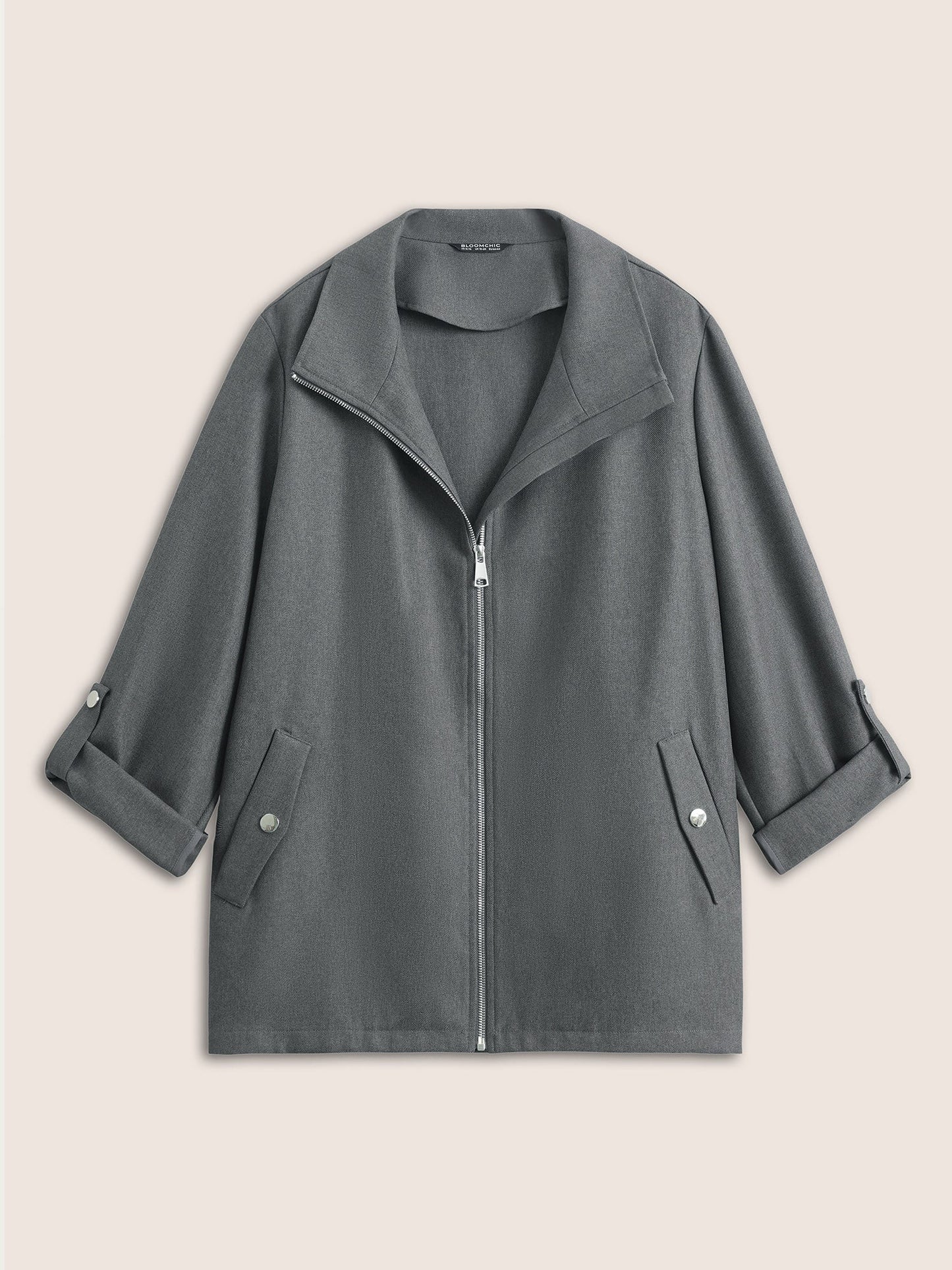 Solid Zipper Button Detail Tab Sleeve Jacket