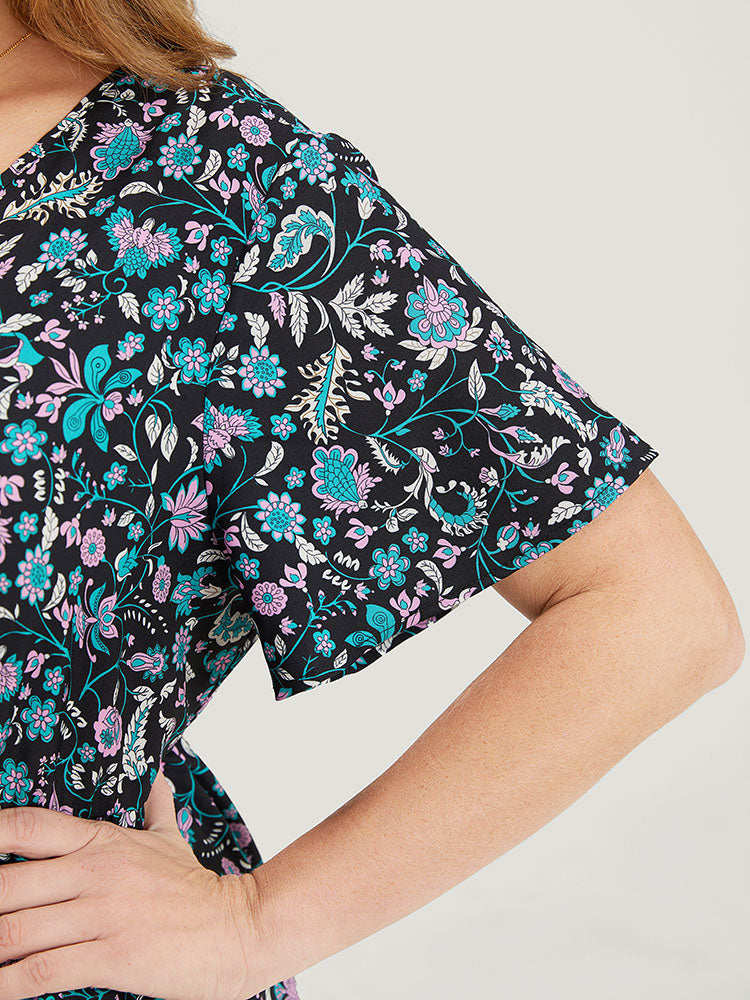 Bandana Printed Button Detail Pocket Flutter Hem Knee Dress