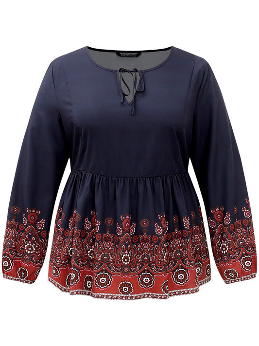 Boho Print Lantern Sleeve Tie Neck Elastic Waist Blouse