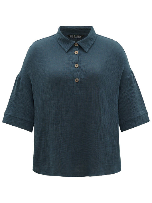 Plain Texture Button Up Shirt Collar T-shirt