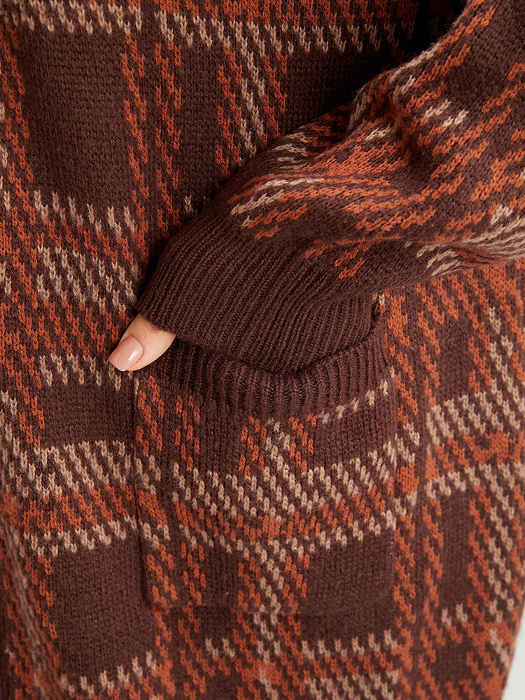 Tartan Contrast Pointelle Knit Pocket Open Front Cardigan