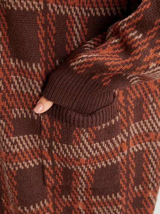 Tartan Contrast Pointelle Knit Pocket Open Front Cardigan
