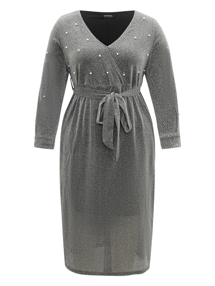 V Neck Pearl Beaded Belted Dress