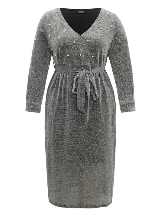 V Neck Pearl Beaded Belted Dress