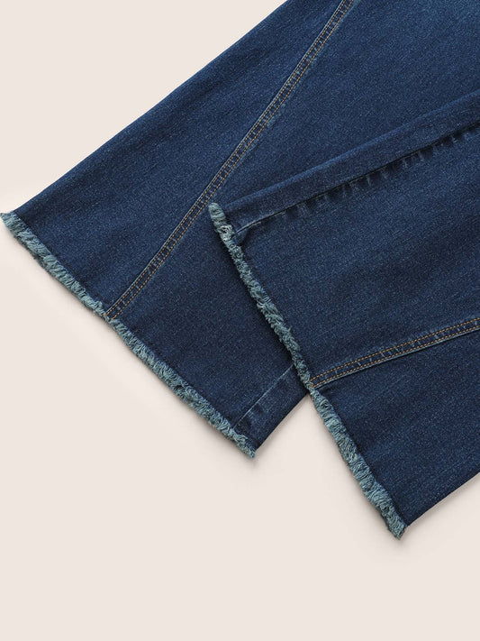 Elastic Waist Flare Leg Frayed Hem Jeans