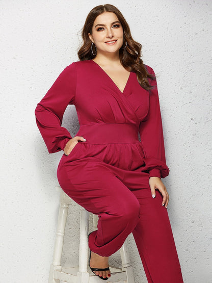 V-neck Wrap Solid Color Jumpsuits