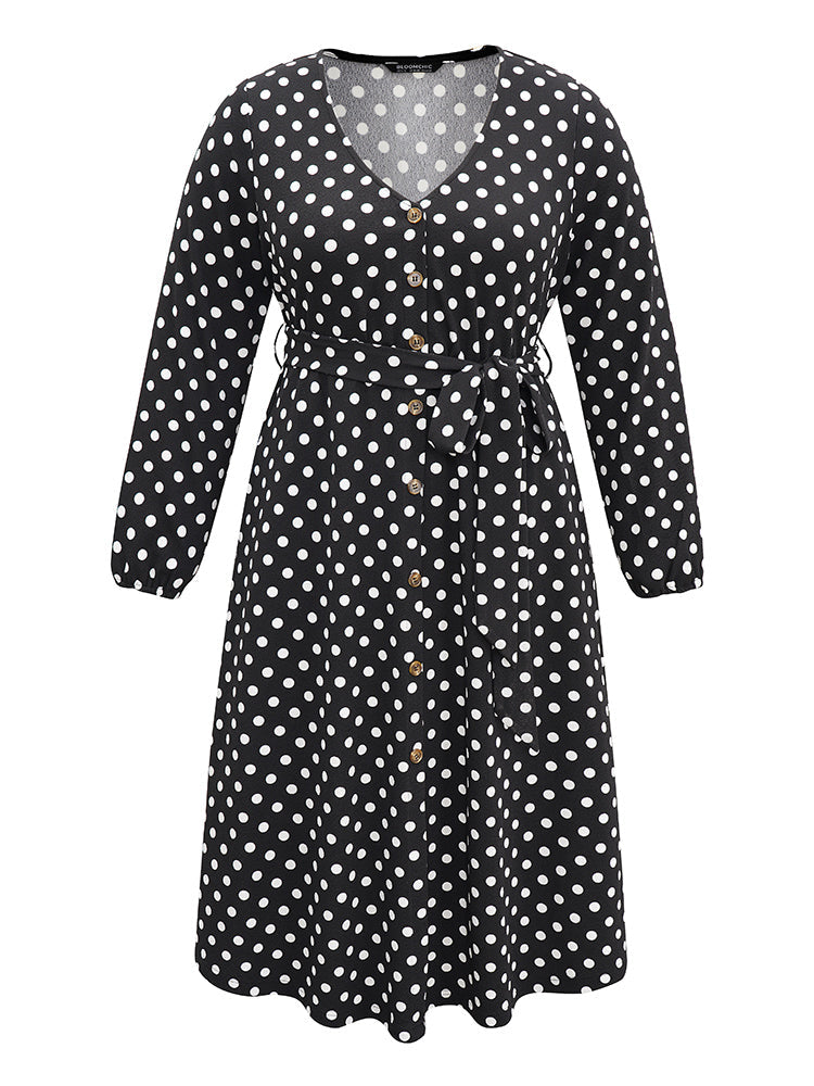 Polka Dot Lantern Sleeve Belted Button Detail Dress
