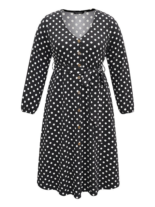 Polka Dot Lantern Sleeve Belted Button Detail Dress