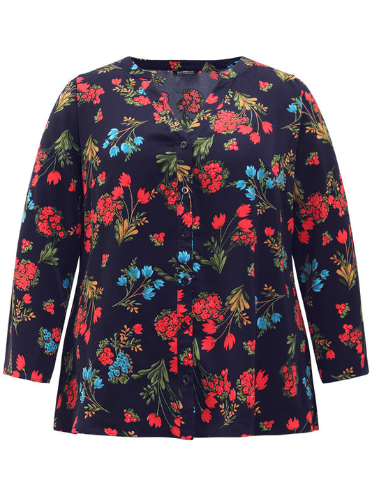 Floral Print Notched Tab Sleeve Blouse
