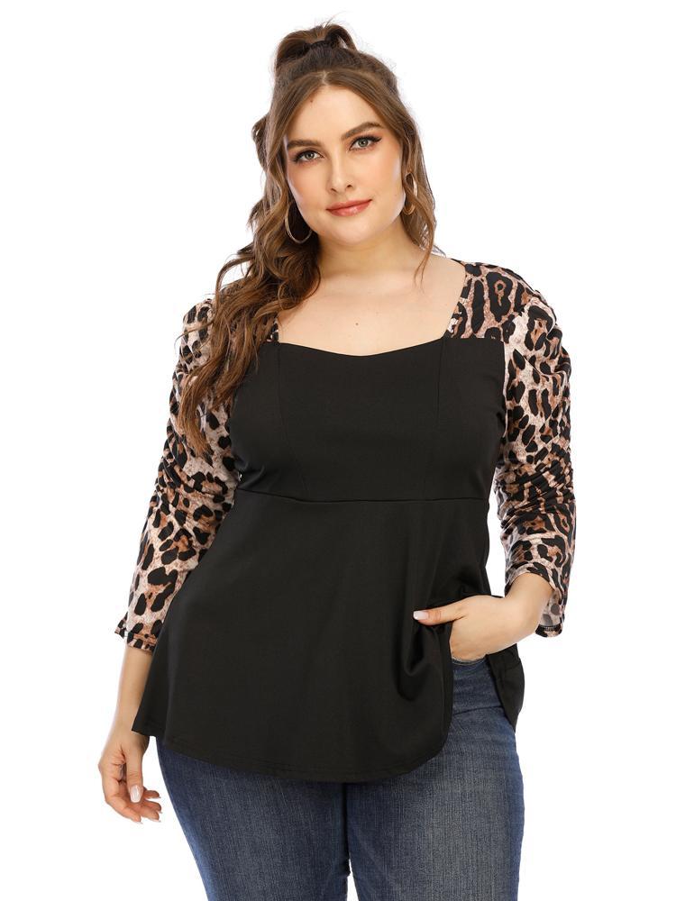 Leoprad Patchwork Square Collar T-shirt