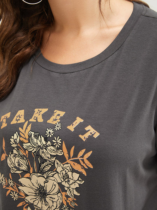 Letter & Floral Print Crew  Neck T-shirt