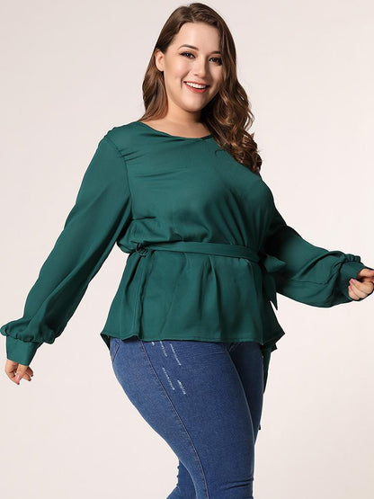 Lantern Sleeve Belt Solid Color Blouse