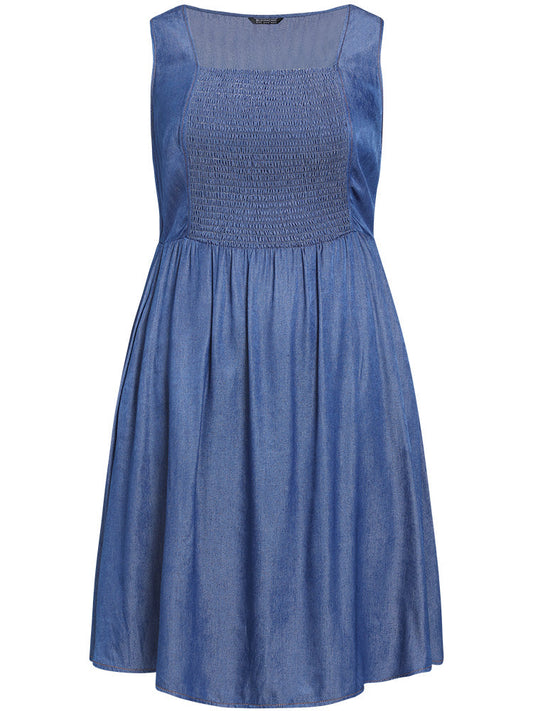 Plain Shirred Square Neck Pocket Knee Dress