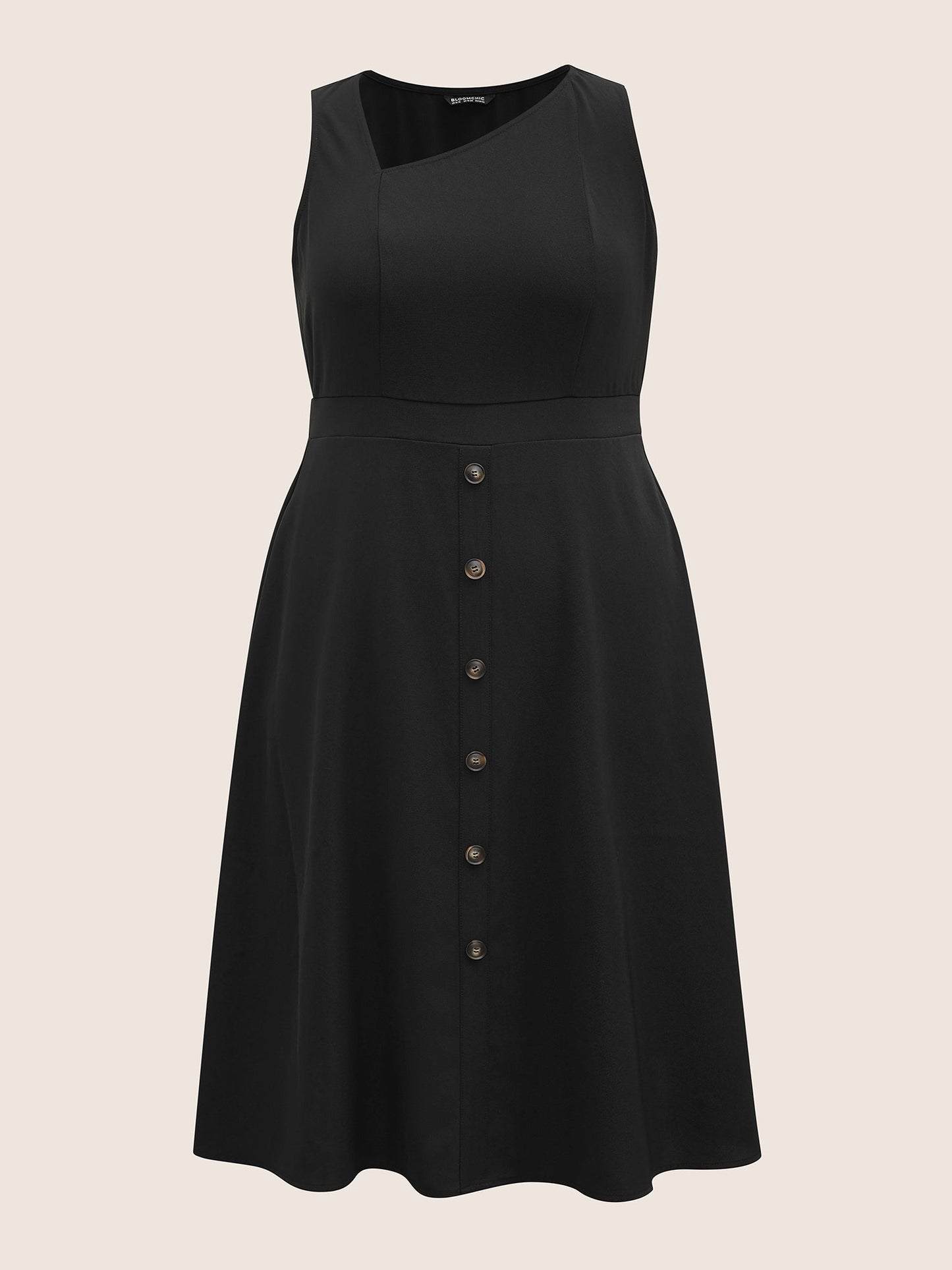 Asymmetrical Neck Button Detail Midi Dress