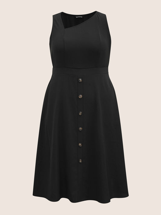 Asymmetrical Neck Button Detail Midi Dress