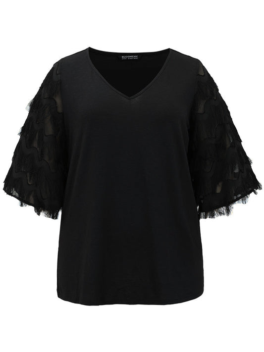 Solid Textured Tassel Trim Ruffle Sleeve T-shirt
