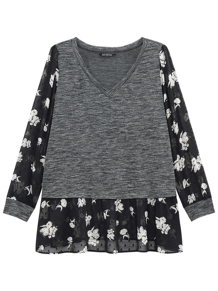 Rib Knit Plants Print Mesh T-shirt