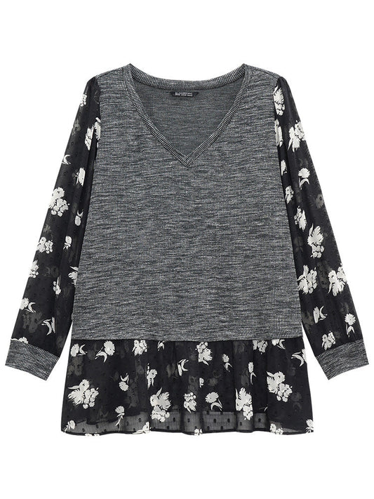 Rib Knit Plants Print Mesh T-shirt