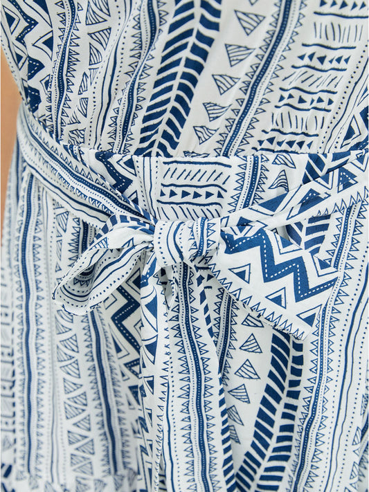 Geometric Print Belted Flutter Tiered Pocket Cami Dress