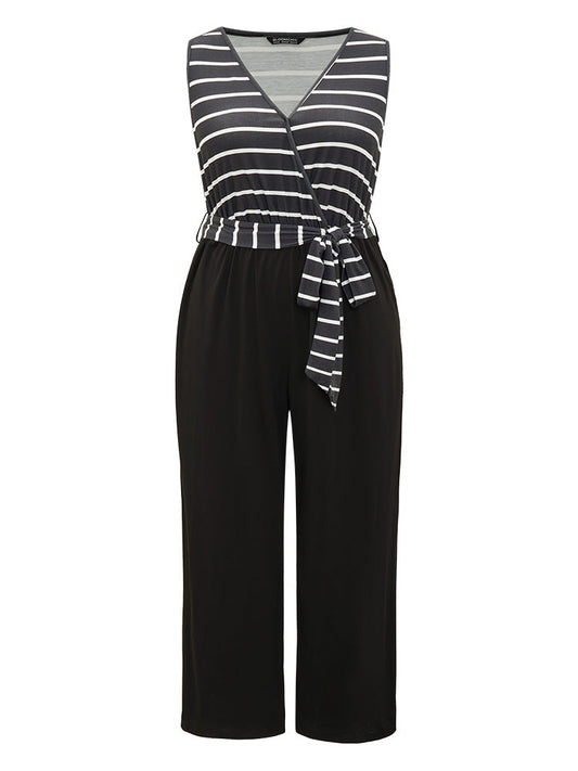 Striped Patchwork Pocket Wrap Belted Sleeveless Jumpsuit