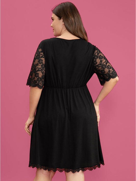 Solid Knotted Scalloped Trim Lace Sleep Dress