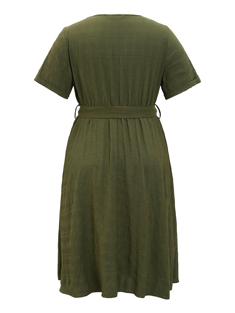 Plain Belted Button Detail Pocket Surplice Neck Dress