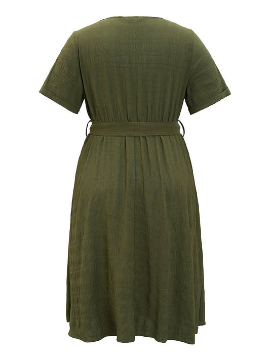 Plain Belted Button Detail Pocket Surplice Neck Dress