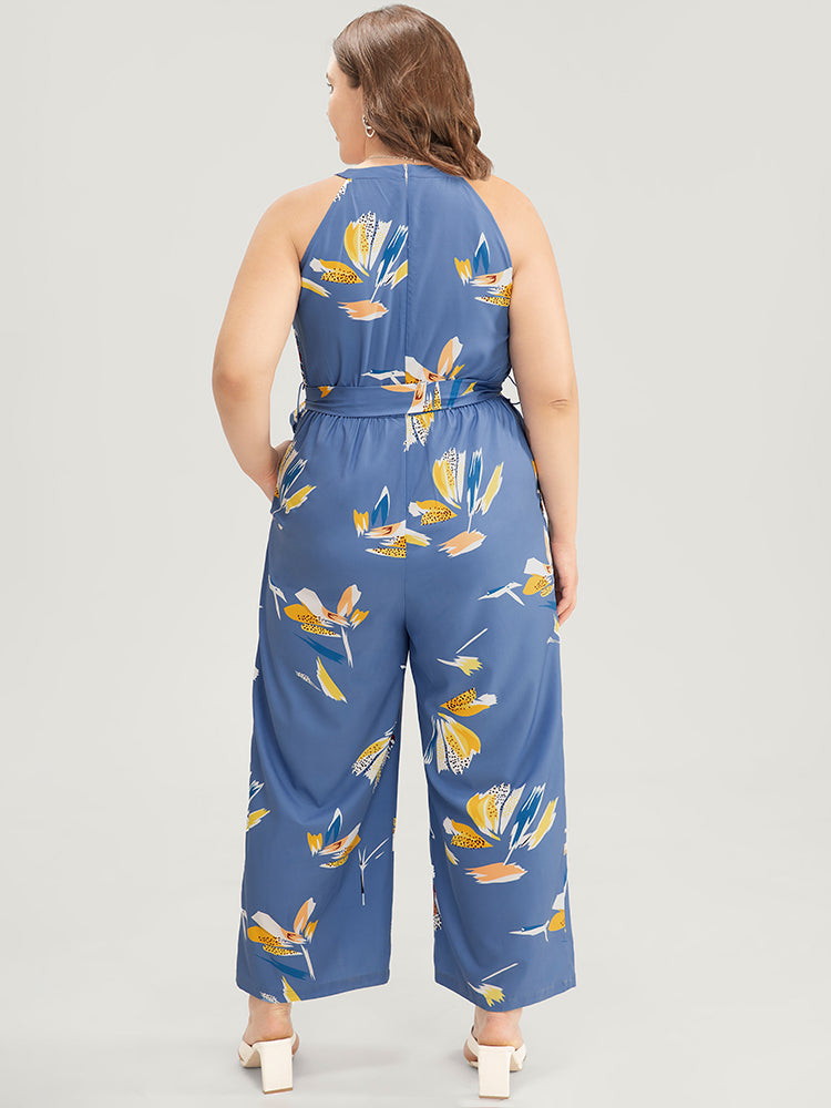 Graphic Print Halter Neck Pocket Belt Jumpsuit