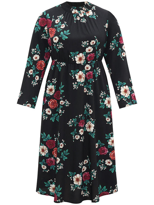 Floral Print Shirred Mock Neck Dress