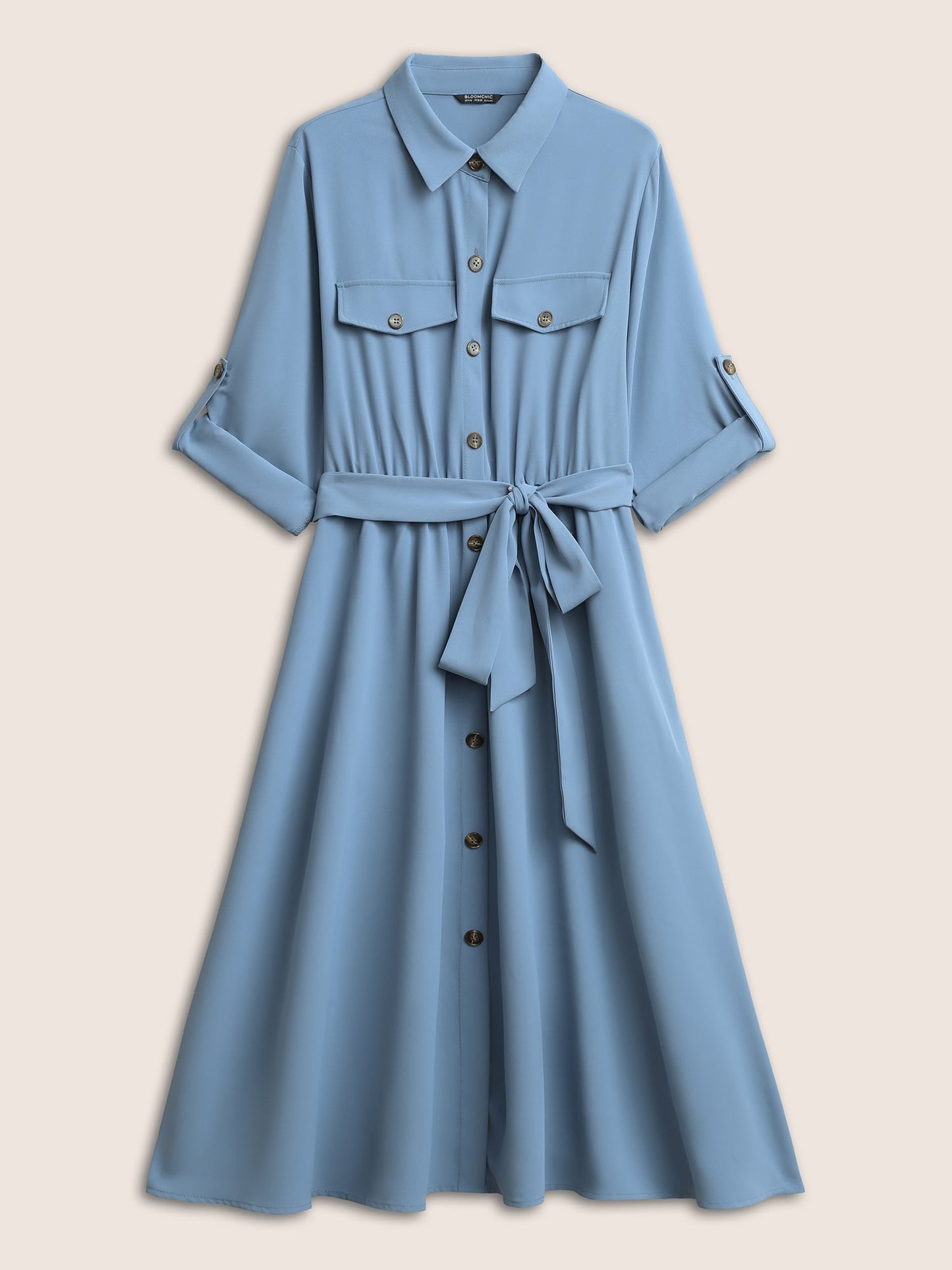 Static-Free Solid Flap Detail Tab Sleeve Dress