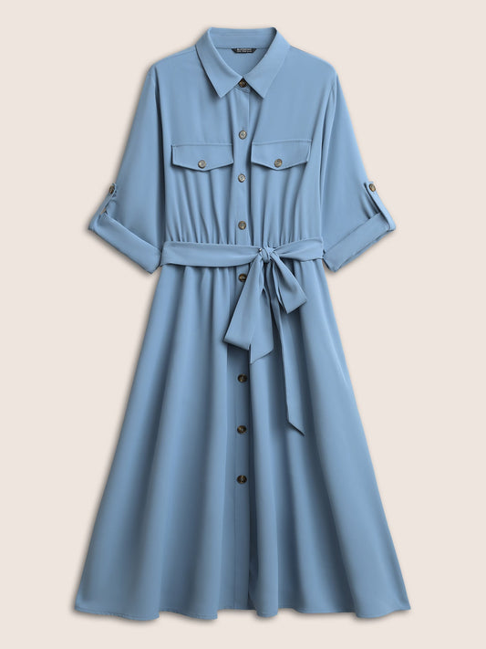 Static-Free Solid Flap Detail Tab Sleeve Dress