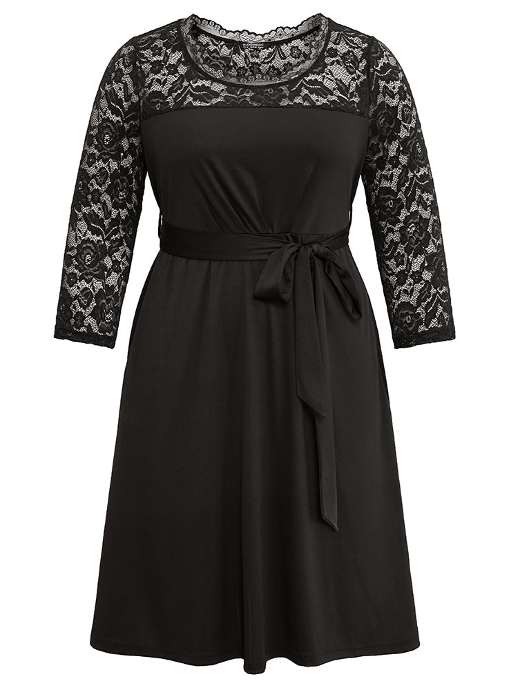 Plain Crochet Lace Mesh Pocket Belted Dress