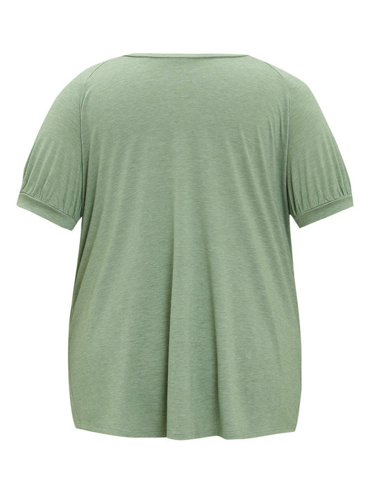 Plain Button Detail Lantern Sleeve T-shirt