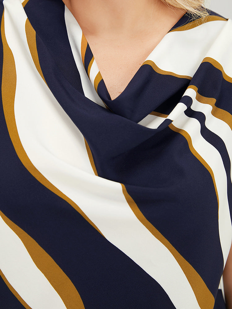 Geometric Contrast  Cowl Neck Ruffle Sleeve Blouse