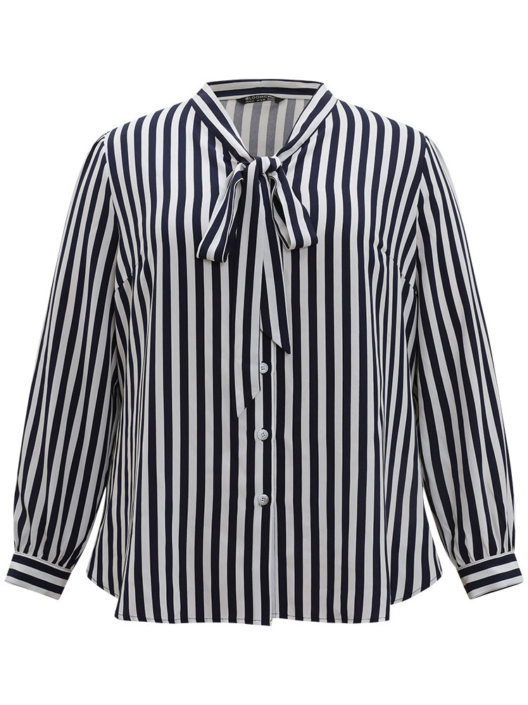 Striped Bowknot V Neck Curved Hem Woven Top