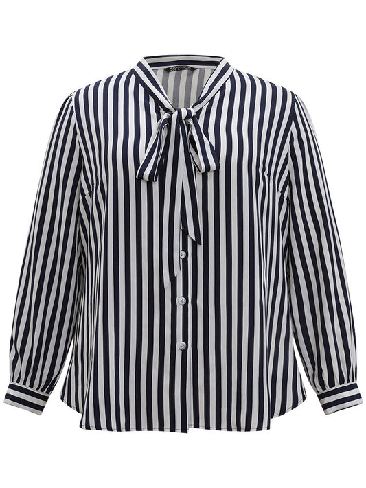 Striped Bowknot V Neck Curved Hem Woven Top