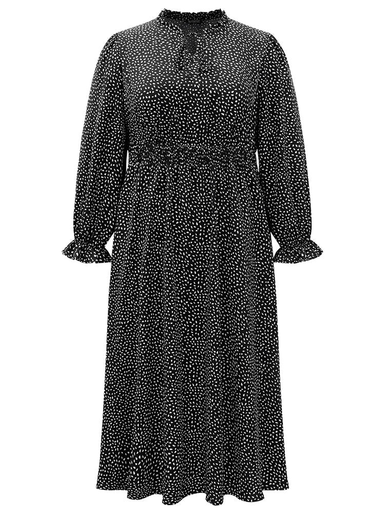 Water Drop Print Shirred Frill Trim Tie Neck Dress