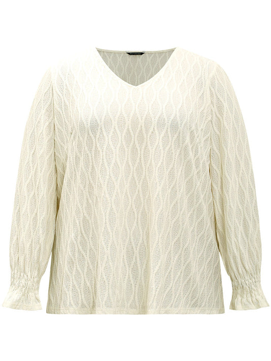 V Neck Solid Textured Shirred Blouse